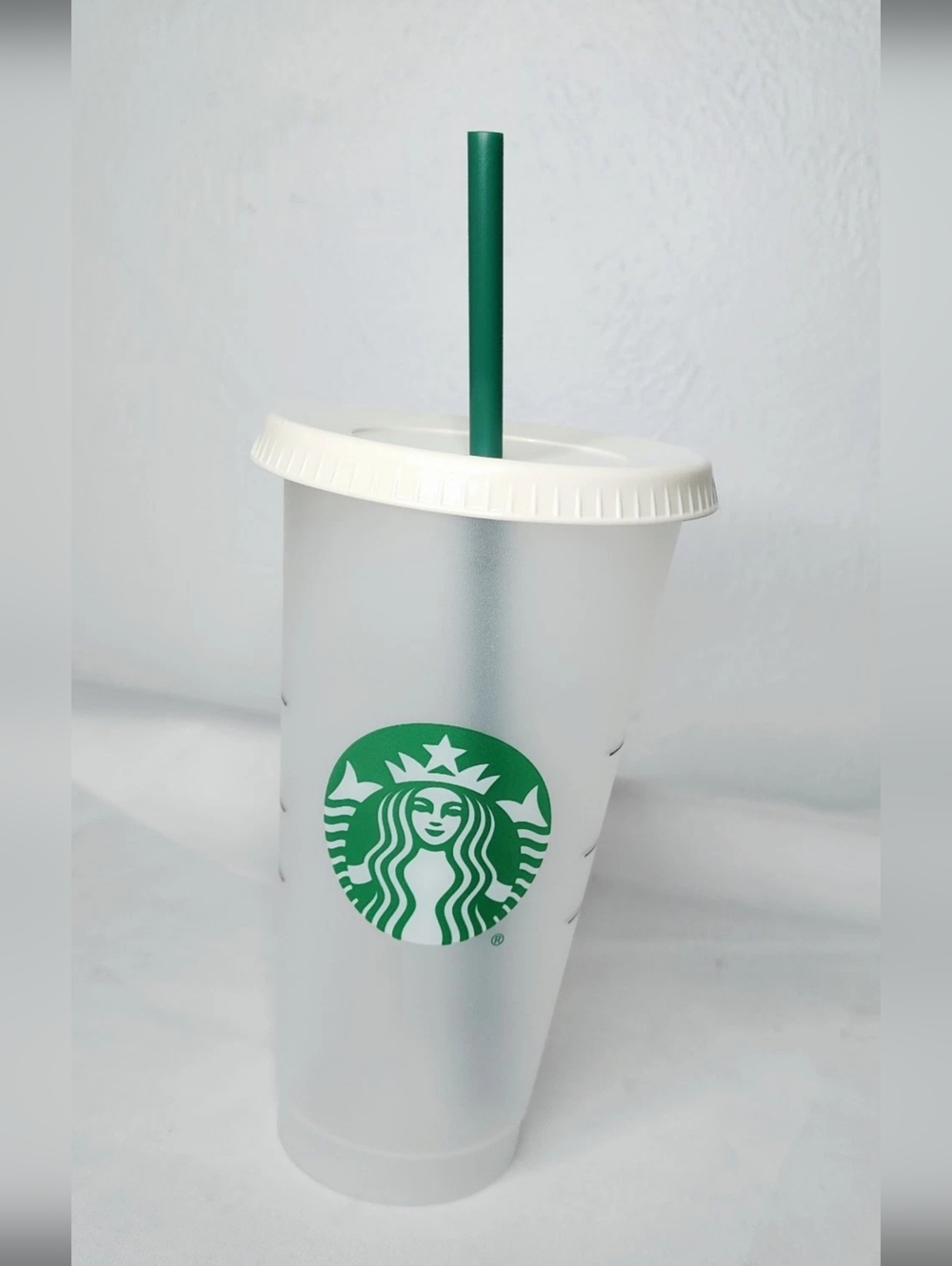 Starbucks Frosted Reusable Tumbler with Green Logo and Straw
